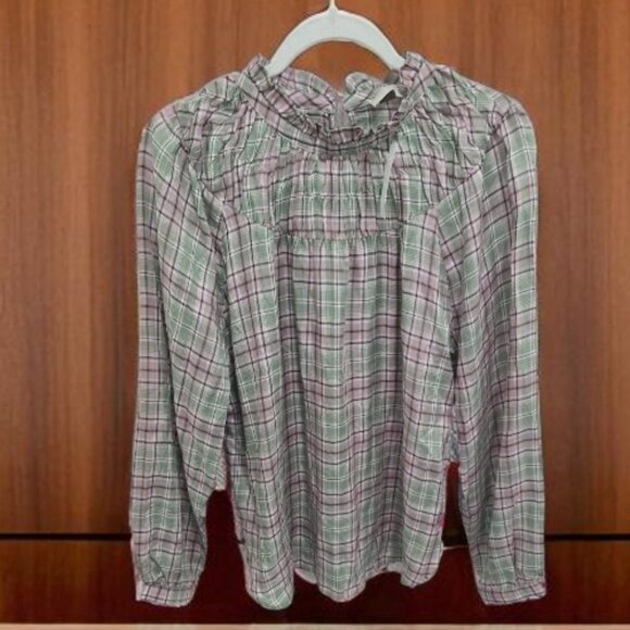 Ann Taylor Loft Ruffled Neck Plaid Long Sleeve Top in Sage & Lilac - Picture 1 of 3